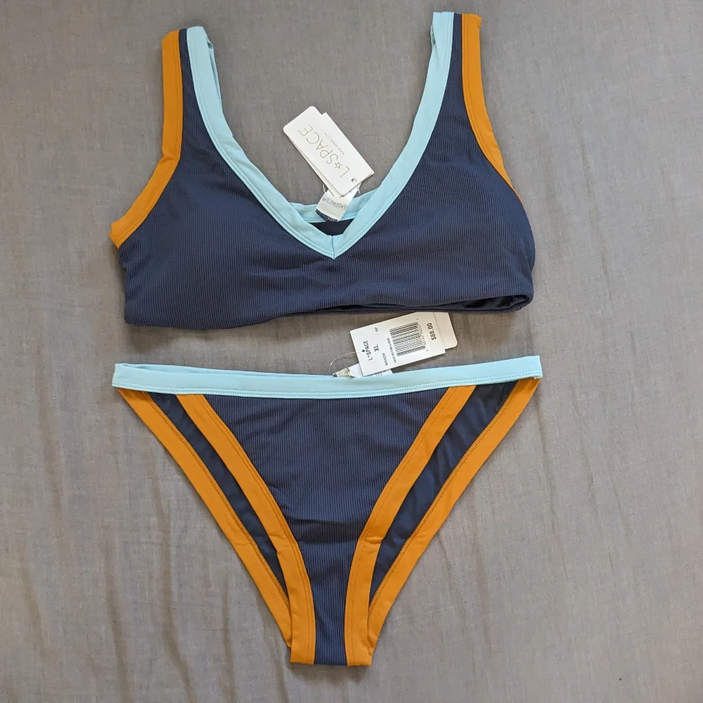 L*Space Vacay Lala Bikini Set Slate Color Block Rib